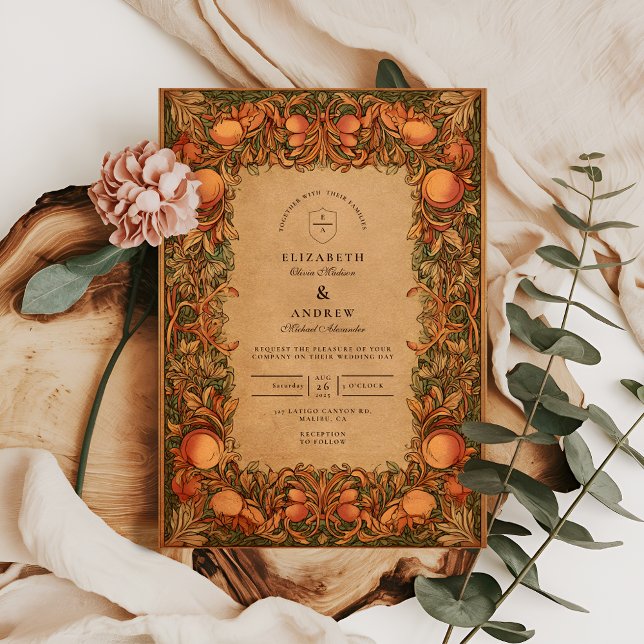 Convites Casamento Art Nouveau Romântico com Romã Vintage (Criador carregado)