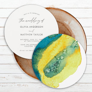 Convites Casamento Arte Água e Tinta Azul Amarelo Chic e El