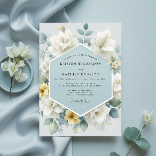 Convites Casamento Arte Floral Azul Claro (Criador carregado)