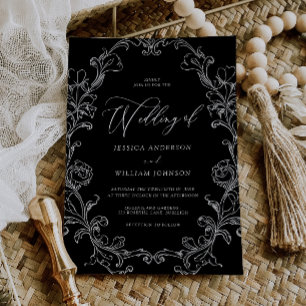 Convites Casamento Arte Linha Preto e Branco Rococó Vintage