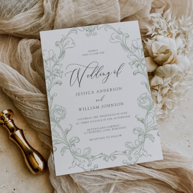 Convites Casamento Arte Linha Sage Rococó Vintage (Criador carregado)