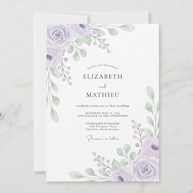 Convites Casamento Artesanal com Folhas de Violeta Pálido (Frente)