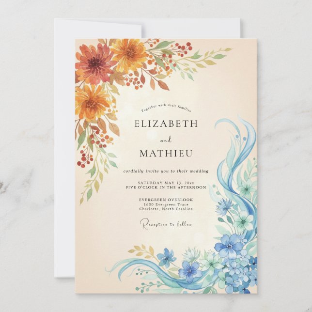 Convites Casamento Artístico com Aquarela Âmbar Turquesa (Frente)