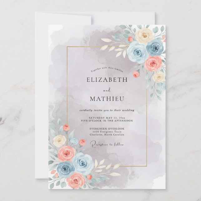 Convites Casamento Artístico com Aquarela Azul Claro (Frente)