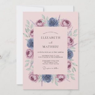 Convites Casamento Artístico com Flor de Azul Desbotado