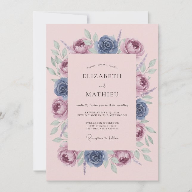 Convites Casamento Artístico com Flor de Azul Desbotado (Frente)