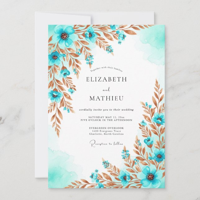 Convites Casamento Artístico Costeiro em Aqua Bronze (Frente)