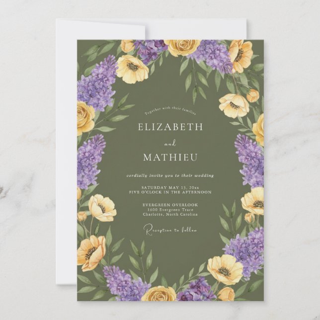 Convites Casamento Artístico de Flores Silvestres em Verde  (Frente)