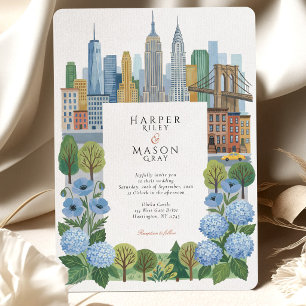 Convites Casamento Artístico de Hortênsia Azul-ardósia com