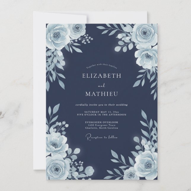 Convites Casamento Artístico de Inverno Azul-Marinho (Frente)