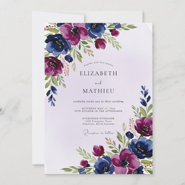 Convites Casamento Artístico de Inverno em Tonalidades Navy (Frente)
