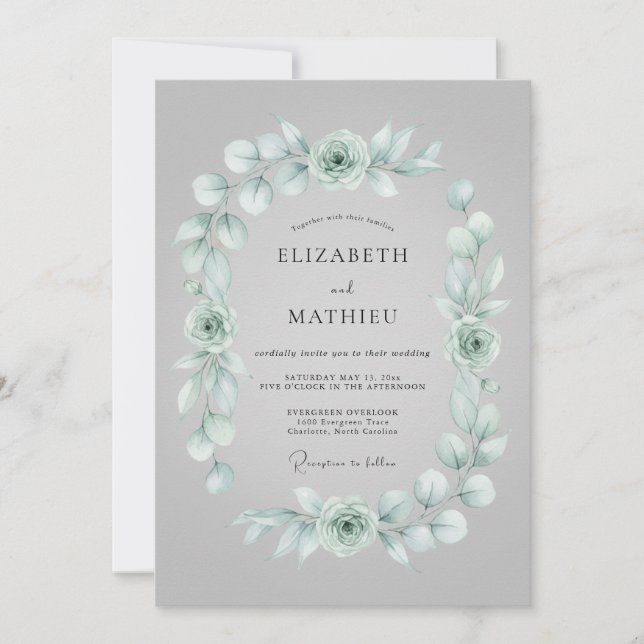 Convites Casamento Artístico de Inverno em Verde Sálvia (Frente)