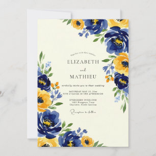 Convites Casamento Artístico de Primavera Amarelo Marinho