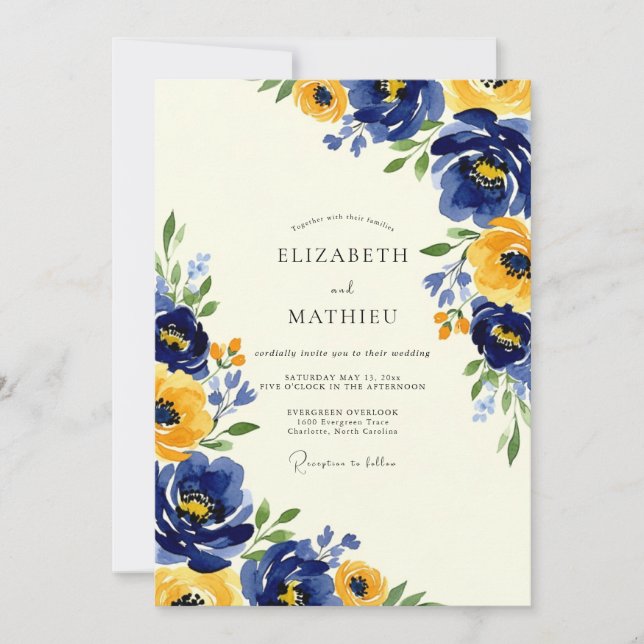 Convites Casamento Artístico de Primavera Amarelo Marinho (Frente)