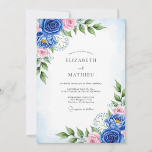 Convites Casamento Artístico de Primavera Azul Cobalto