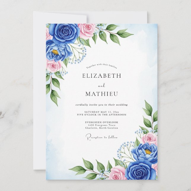 Convites Casamento Artístico de Primavera Azul Cobalto (Frente)