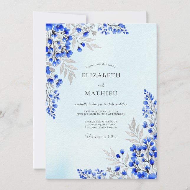 Convites Casamento Artístico de Primavera Azul Índigo (Frente)