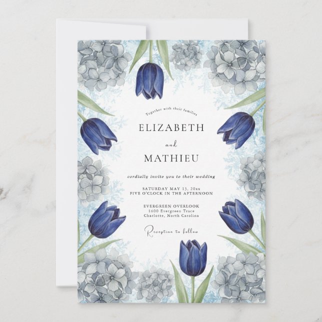 Convites Casamento Artístico de Primavera Azul-Marinho (Frente)