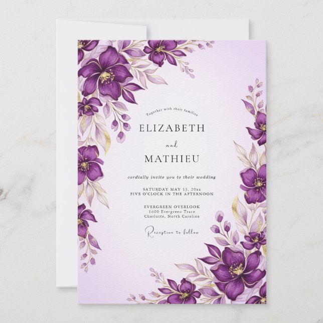 Convites Casamento Artístico de Primavera com Ameixa (Frente)