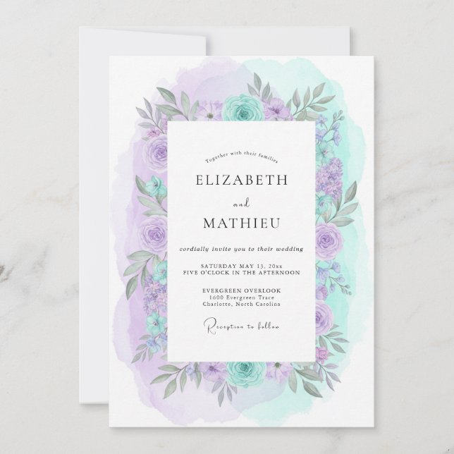 Convites Casamento Artístico de Primavera com Lavanda e Hor (Frente)