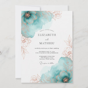 Convites Casamento Artístico de Primavera com Rosa Azul e D