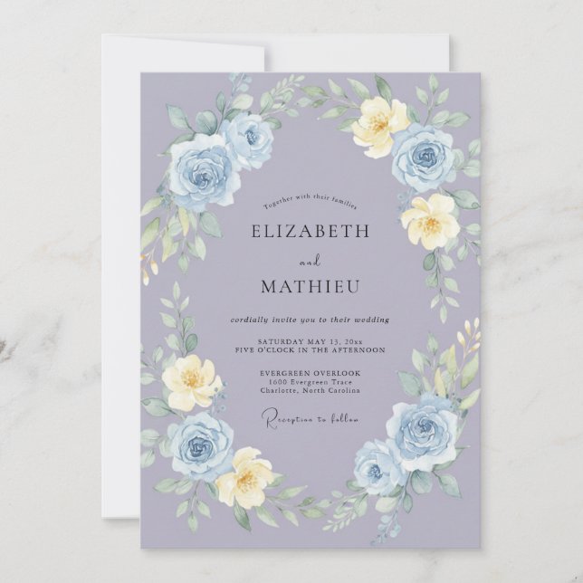 Convites Casamento Artístico de Primavera em Azul-Pervinca (Frente)