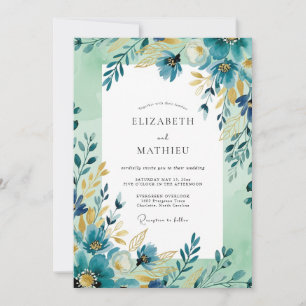 Convites Casamento Artístico de Primavera em Ocre Azul-Verd
