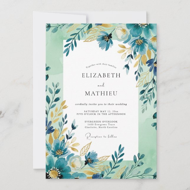Convites Casamento Artístico de Primavera em Ocre Azul-Verd (Frente)