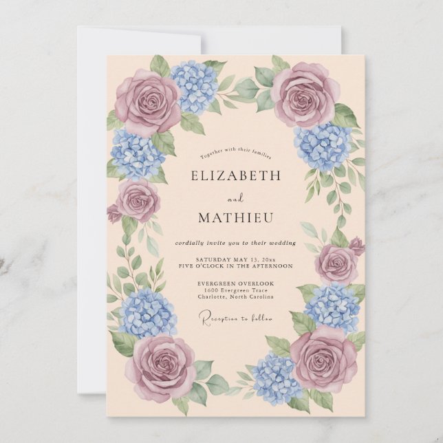 Convites Casamento Artístico de Primavera em Tons de Malva  (Frente)