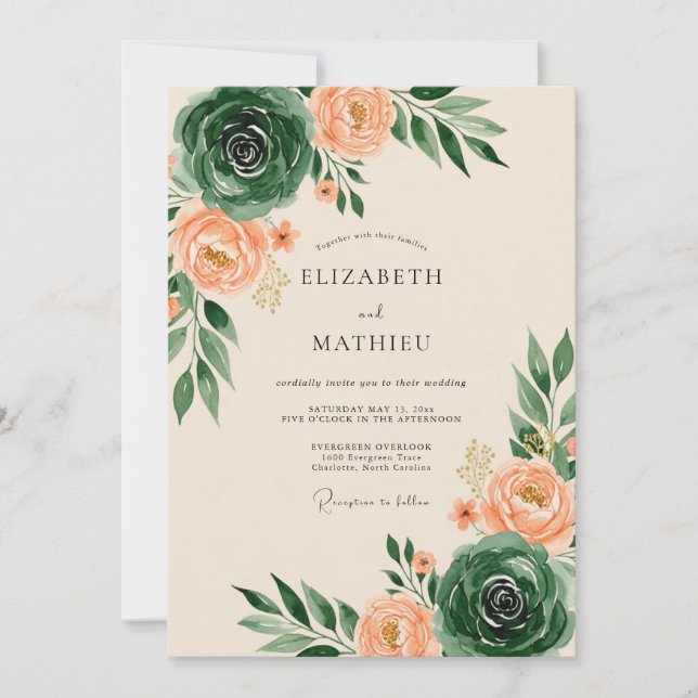 Convites Casamento Artístico de Primavera em Verde Esmerald (Frente)