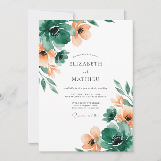 Convites Casamento Artístico de Primavera Verde Esmeralda (Frente)