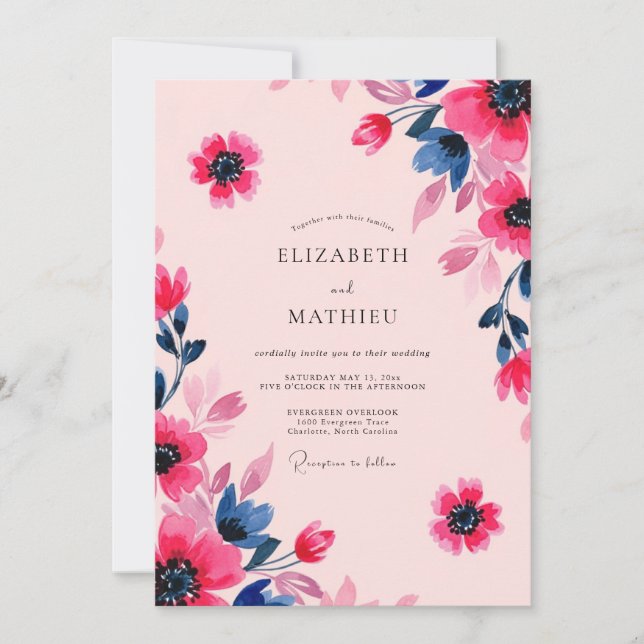 Convites Casamento Artístico de Verão Rosa e Azul Marinho (Frente)