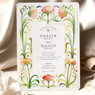 Convites Casamento Artístico em Ouro com Florais Art Nouvea