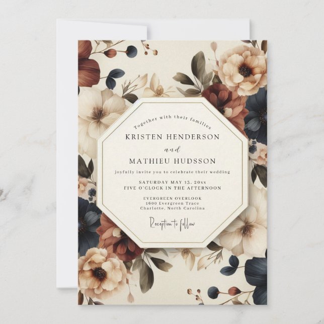 Convites Casamento Artístico Flor de Borgonha Índigo (Frente)