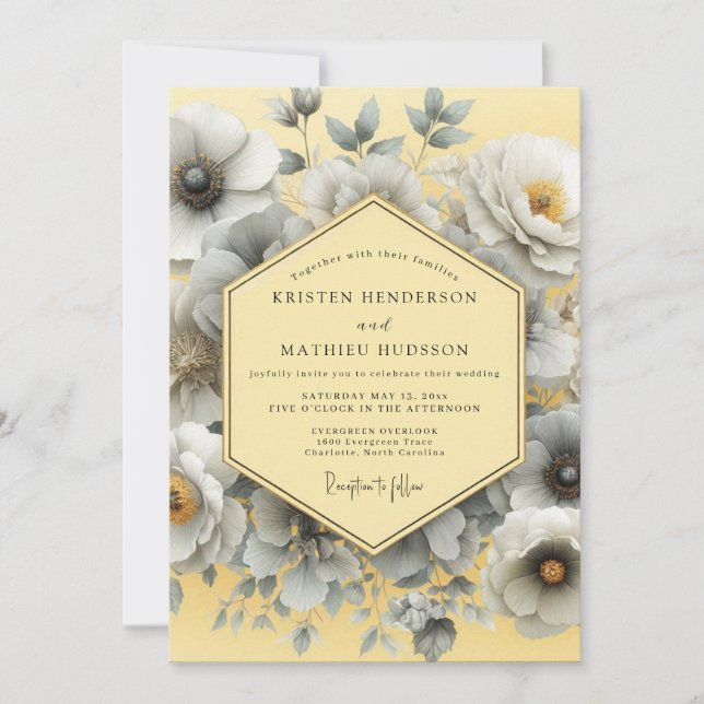 Convites Casamento Artístico Flor de Cinza Canário (Frente)
