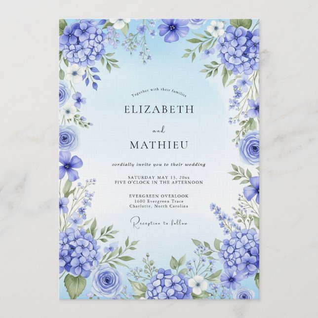 Convites Casamento Artístico Flor de Hortênsia Azul (Frente)
