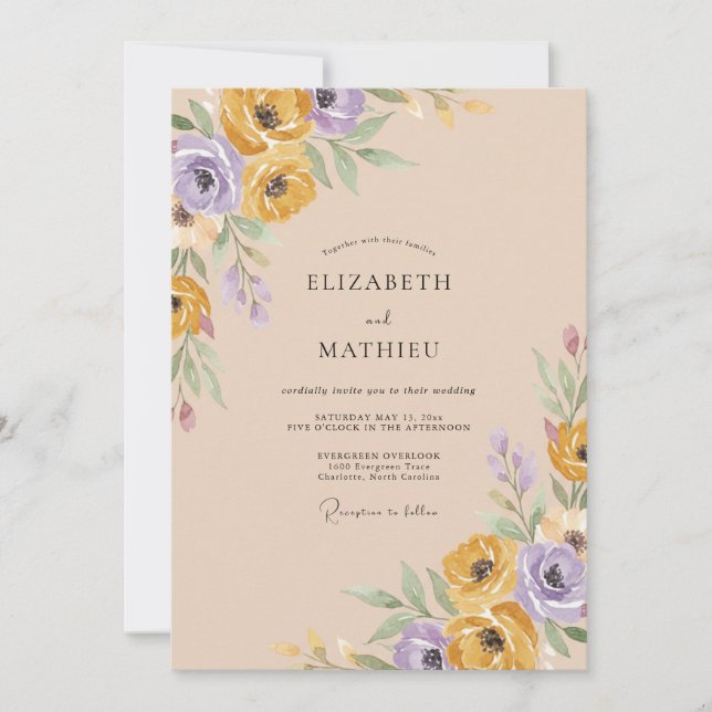 Convites Casamento Artístico Flor de Lavanda Amarela (Frente)