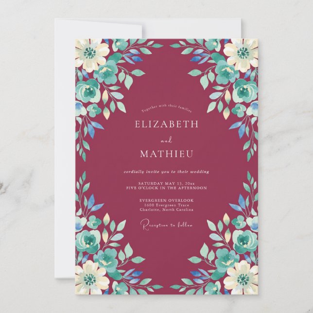 Convites Casamento Artístico Flora Borgonha (Frente)