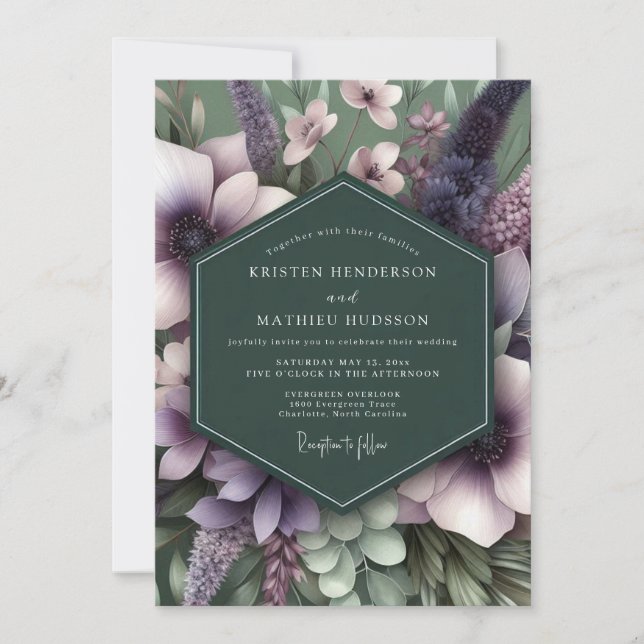 Convites Casamento Artístico Flora Esmeralda Roxa (Frente)