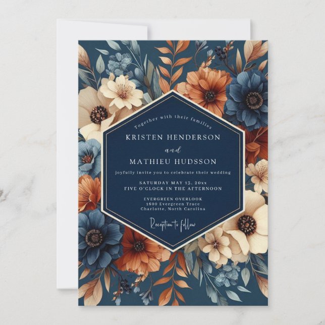 Convites Casamento Artístico Flora Navy Rust (Frente)