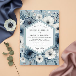 Convites Casamento Artístico Floral Azul Ardesia