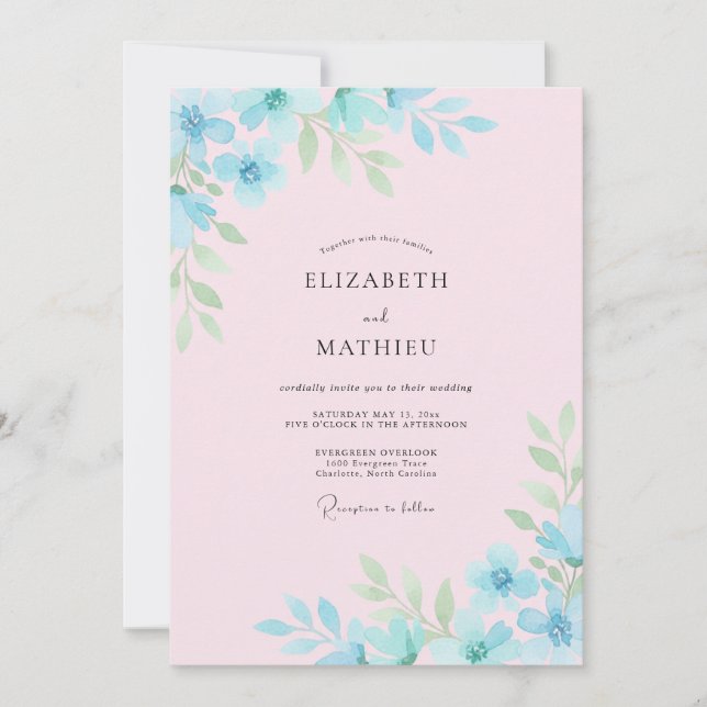 Convites Casamento Artístico Floral Azul Céu (Frente)