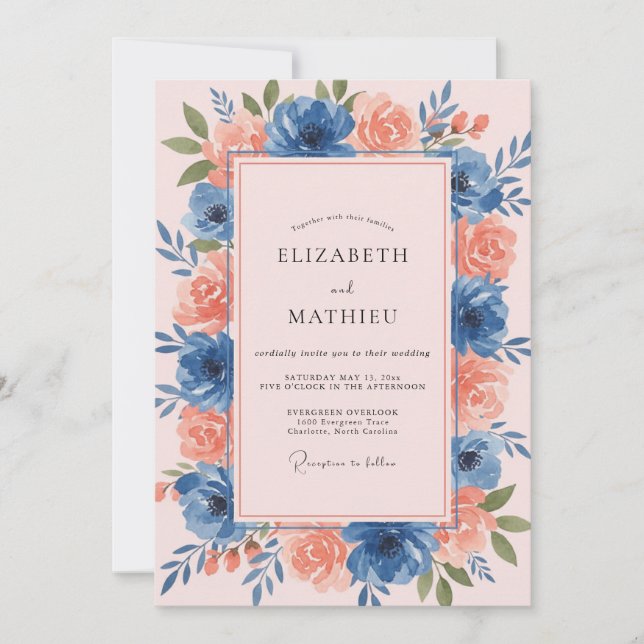 Convites Casamento Artístico Floral Azul Desbotado (Frente)