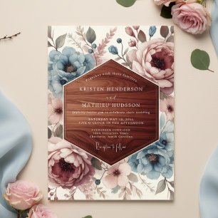 Convites Casamento Artístico Floral Azul Empoeirado