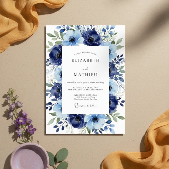 Convites Casamento Artístico Floral Azul-Marinho (Criador carregado)