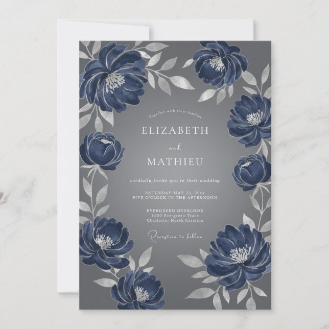 Convites Casamento Artístico Floral Azul-Marinho (Frente)