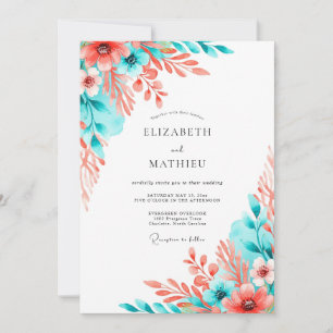 Convites Casamento Artístico Floral Coral Turquesa