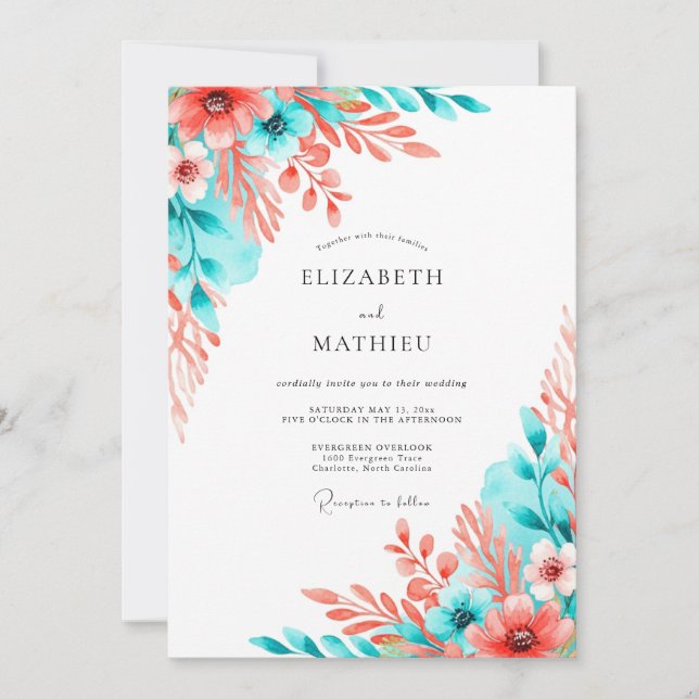 Convites Casamento Artístico Floral Coral Turquesa (Frente)