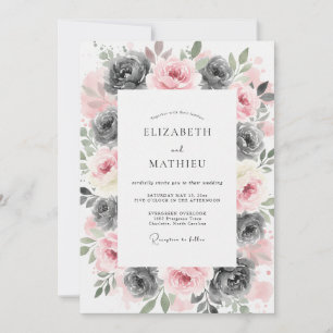 Convites Casamento Artístico Floral em Cinza e Rosa