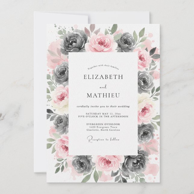 Convites Casamento Artístico Floral em Cinza e Rosa (Frente)